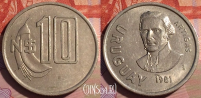 Уругвай 10 новых песо 1981 года, KM# 79, 178c-142
