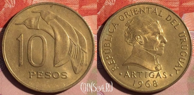 Уругвай 10 песо 1968 года, KM# 51, 119d-109