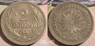 Уругвай 2 сентесимо 1901 года, KM# 20, a070-089