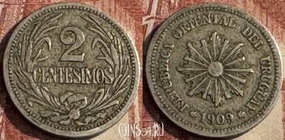 Уругвай 2 сентесимо 1909 года, KM# 20, 114s-099