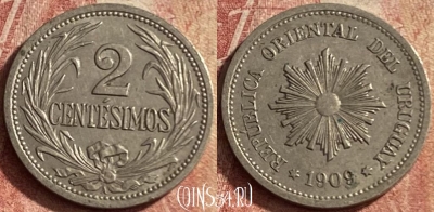 Уругвай 2 сентесимо 1909 года, KM# 20, 139p-089 ♛