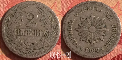 Уругвай 2 сентесимо 1909 года, KM# 20, 240i-119