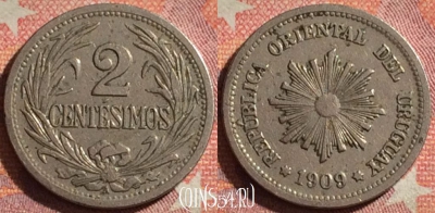 Уругвай 2 сентесимо 1909 года, KM# 20, 374-073