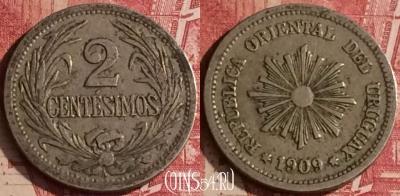 Уругвай 2 сентесимо 1909 года, KM# 20, 454o-015 ♛