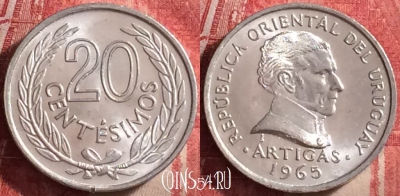 Уругвай 20 сентесимо 1965 года, KM# 44, UNC, 115j-140