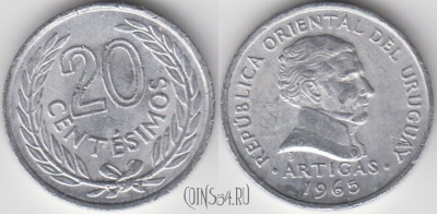 Уругвай 20 сентесимо 1965 года, KM 44, 121-095