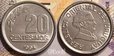 Уругвай 20 сентесимо 1994 года, KM# 105, 139-029