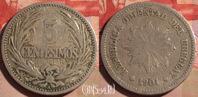 Уругвай 5 сентесимо 1901 года, KM# 21, 081b-085