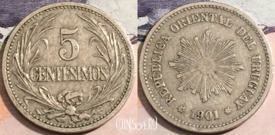 Уругвай 5 сентесимо 1901 года, KM# 21, 167-077