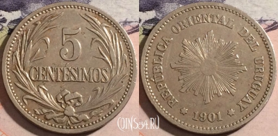 Уругвай 5 сентесимо 1901 года, KM# 21, a070-092