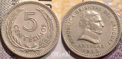 Уругвай 5 сентесимо 1953 года, KM# 34, 141-071