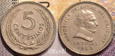 Уругвай 5 сентесимо 1953 года, KM# 34, 142-094