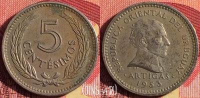 Уругвай 5 сентесимо 1953 года, KM# 34, 258i-124