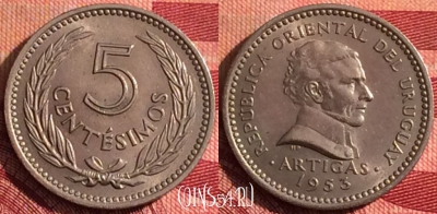 Уругвай 5 сентесимо 1953 года, KM# 34, 275i-135