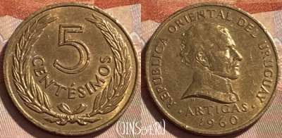 Уругвай 5 сентесимо 1960 года, KM# 38, 496р-066 ♛
