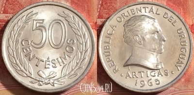 Уругвай 50 сентесимо 1965 года, KM# 45, aUNC, 259-033