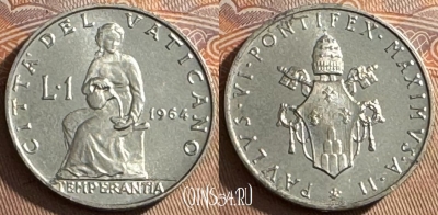 Ватикан 1 лира 1964 года, KM# 76, UNC, s516s-059