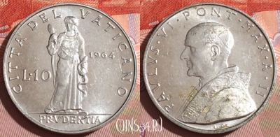 Ватикан 10 лир 1964 года, KM# 79, 164c-076