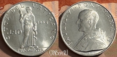 Ватикан 10 лир 1964 года, KM# 79, UNC, s516s-057