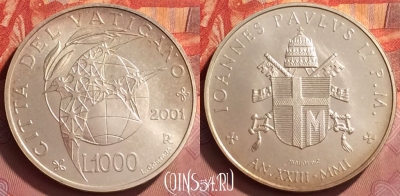 Ватикан 1000 лир 2001 года, Ag, KM# 338, BU, 401l-172 ♛