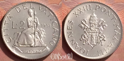 Ватикан 2 лиры 1961 года, KM# 59, BU, 401l-108 ♛