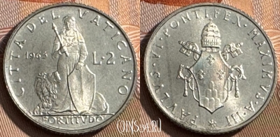 Ватикан 2 лиры 1965 года, KM# 77, UNC, s515s-135