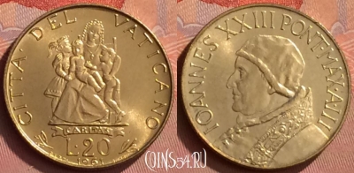 Ватикан 20 лир 1961 года, KM# 62, BU, 401l-111 ♛