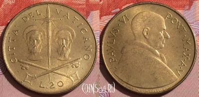 Ватикан 20 лир 1967 года (MCMLXVII), KM# 96, 172b-004