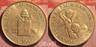 Ватикан 200 лир 2000 года, KM# 327, BU, 401l-185 ♛