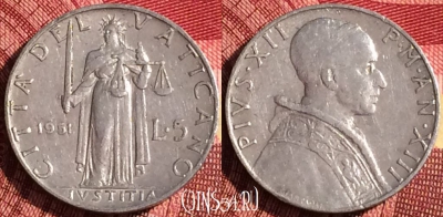 Ватикан 5 лир 1951 года, KM# 51, 271i-033