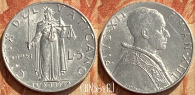 Ватикан 5 лир 1951 года, KM# 51, 461q-161