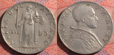 Ватикан 5 лир 1953 года (MCMLIII), KM# 51, a068-137