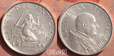 Ватикан 5 лир 1961 года, KM# 60, BU, 401l-109 ♛