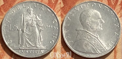 Ватикан 5 лир 1964 года, KM# 78, 461q-162 ♛