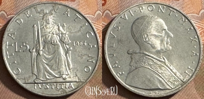 Ватикан 5 лир 1964 года, KM# 78, UNC, s516s-060