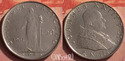 Ватикан 50 лир 1961 года, KM# 63, BU, 401l-112 ♛