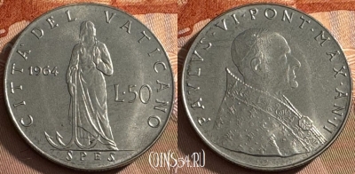 Ватикан 50 лир 1964 года, KM# 81, UNC, s516s-056