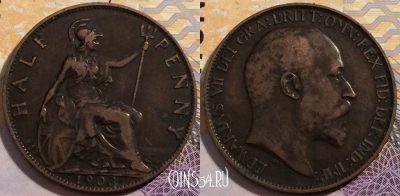 Великобритания 1/2 пенни 1903 года, KM# 793, 200-090 ♛