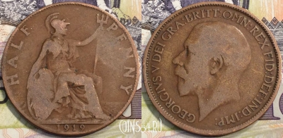 Великобритания 1/2 пенни 1919 года, KM# 809, 133-062