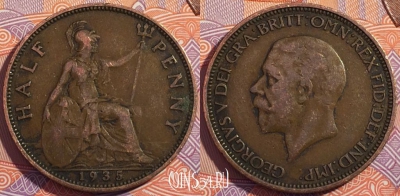 Великобритания 1/2 пенни 1935 года, KM# 837, a130-067