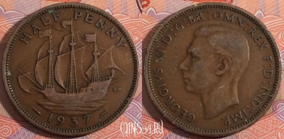 Великобритания 1/2 пенни 1937 года, KM# 844, a140-083