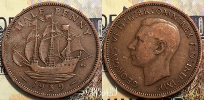 Великобритания 1/2 пенни 1939 года, KM# 844, 133-073