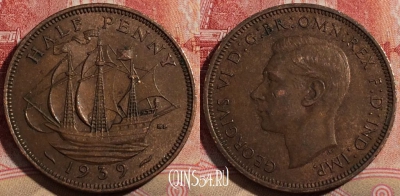 Великобритания 1/2 пенни 1939 года, KM# 844, 215-097