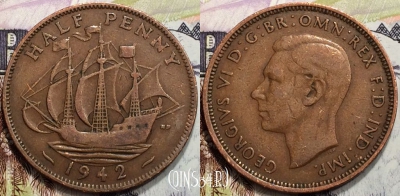 Великобритания 1/2 пенни 1942 года, KM# 844, 133-074