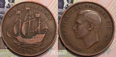 Великобритания 1/2 пенни 1942 года, KM# 844, 133-080