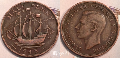 Великобритания 1/2 пенни 1943 года, KM# 844, 133-043