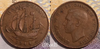 Великобритания 1/2 пенни 1944 года, KM# 844, 195-042