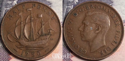 Великобритания 1/2 пенни 1950 года, KM# 868, a075-078