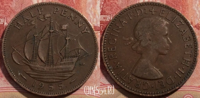 Великобритания 1/2 пенни 1955 года, KM# 896, 206-110