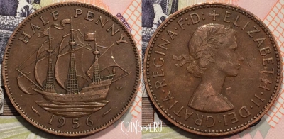 Великобритания 1/2 пенни 1956 года, KM# 896, 128-035